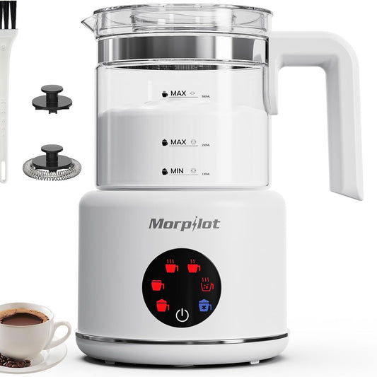 153400 - MORPILOT Shkumëzues Qumështi Elektrik 6 në 1 prej Qelqi, Kapacitet 250ml për Shkumëzim, 500ml për Ngrohje Qumështi, Dizajn i Ndarë, i Bardhë