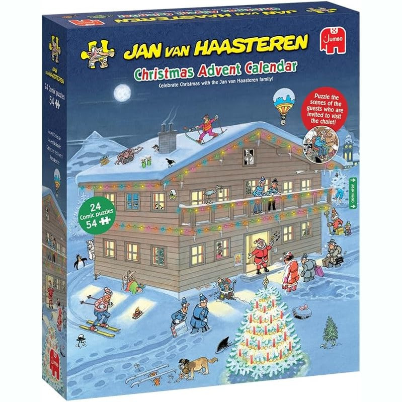 141528 - Jan van Haasteren – kalendar Advent puzzle 2025 me 24 ditë, përfshin puzzle ditore me 54 pjesë për të rritur, nga karton i ricikluar, me skena festive argëtuese.