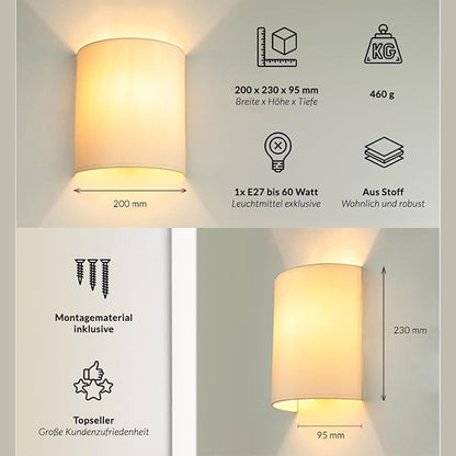 250476 - LIGHT EXPERIENCES Llambë Muri me Ndriçim nga Pëlhura, Gjerësi: 21 cm, Ndriçim Muri me Ndriçim Indirekt, Krem E27, Dhomë Ndenjeje, Dhomë Gjumi