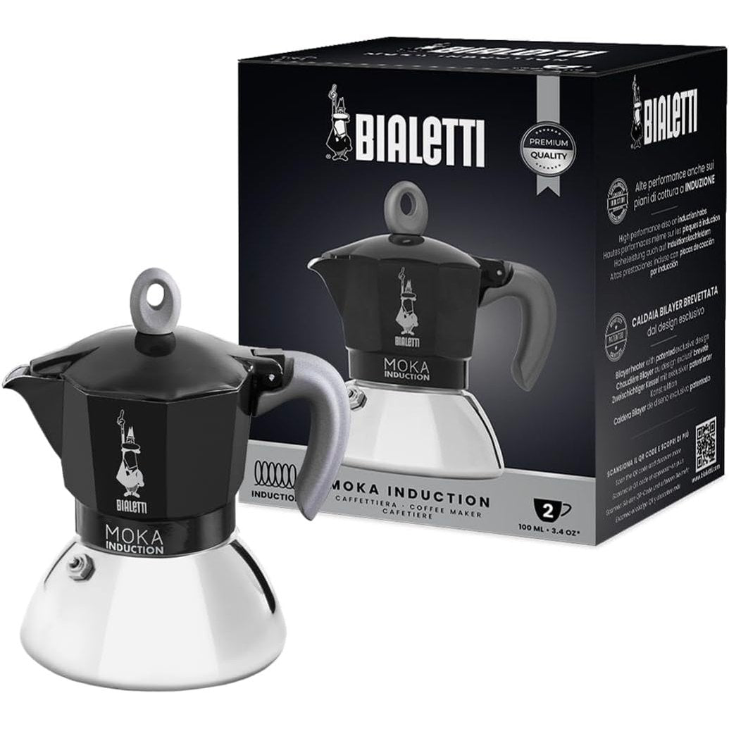 293036 - BIALETTI Moka Induction, Tenxhere Moka, e përshtatshme për të gjitha sobat, 2 gota Espresso (100ml), e zezë