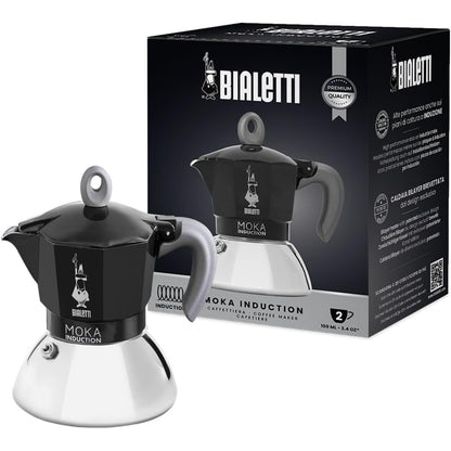 293036 - BIALETTI Moka Induction, Tenxhere Moka, e përshtatshme për të gjitha sobat, 2 gota Espresso (100ml), e zezë