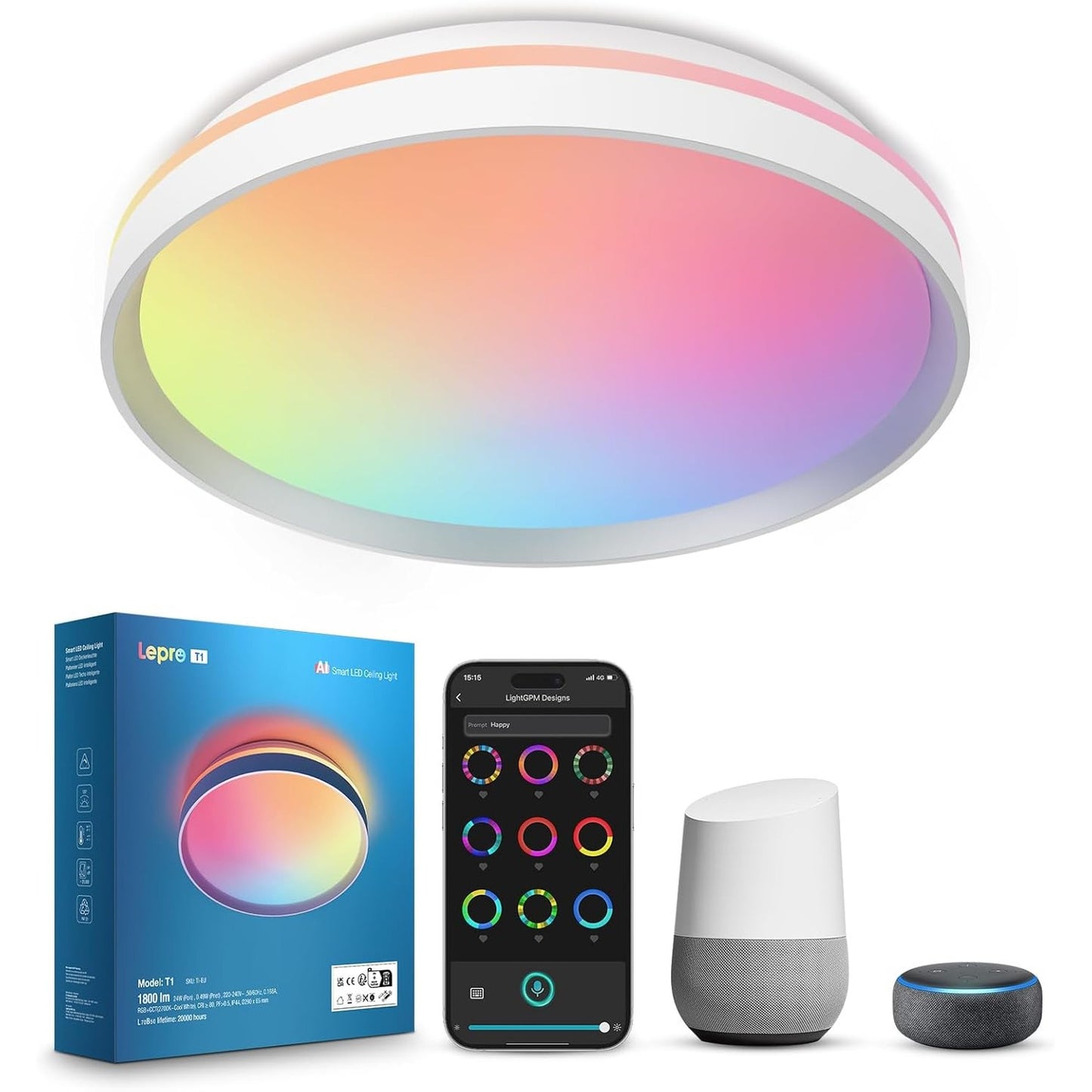 222846 - LEPRO Dritë tavani LED inteligjente T1, dizajn ndriçimi i personalizuar me inteligjencë artificiale, lidhje Wi-Fi dhe Bluetooth, 24W 1800LM, IP44 rezistente ndaj ujit, për dhomë gjumi, dhomë ndenjeje, korridor, kuzhinë (φ29cm)