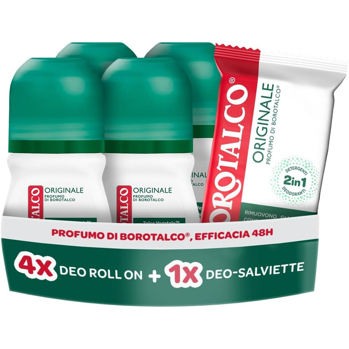297092 - BOROTALCO Kit me 4 Deodorantë dhe Peceta Deodoruese Roll-On, 4x150 ml, 12 Peceta