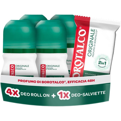 297092 - BOROTALCO Kit me 4 Deodorantë dhe Peceta Deodoruese Roll-On, 4x150 ml, 12 Peceta