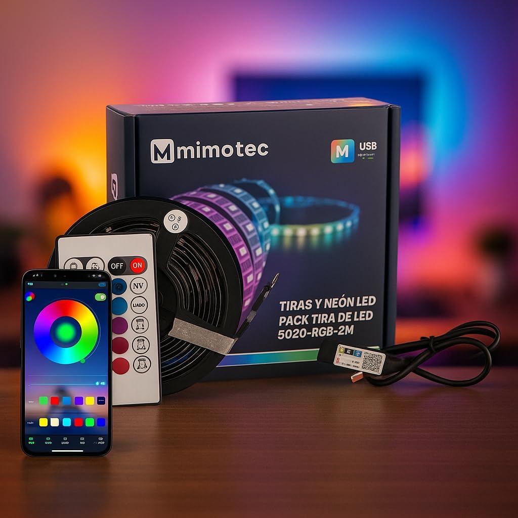 216662 - M MIMOTEC Pako me shirit drite LED 2M USB 5V, 10W RGB e zbehtë, me aplikacion dhe telekomandë