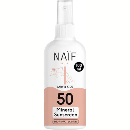 317250 - NAÏF Sprej mineral për mbrojtje nga dielli - SPF 50, për foshnje dhe fëmijë, 100 ml, pa oktokrilen, rezistent ndaj ujit