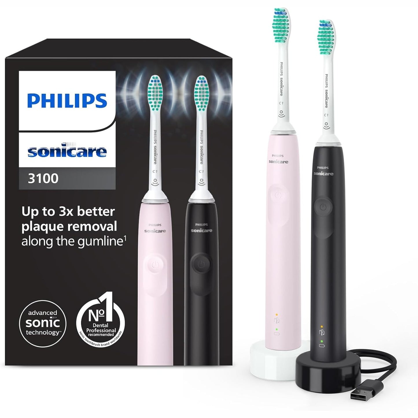 274923 - PHILIPS Furrçë dhëmbësh elektrike Sonicare 3100, furçë dhëmbësh sonike, kontroll presioni dhe kohëmatës, Sugar Rose dhe Black, pako me dy pjesë, modeli HX3675/15