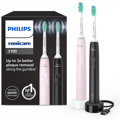 274923 - PHILIPS Furrçë dhëmbësh elektrike Sonicare 3100, furçë dhëmbësh sonike, kontroll presioni dhe kohëmatës, Sugar Rose dhe Black, pako me dy pjesë, modeli HX3675/15