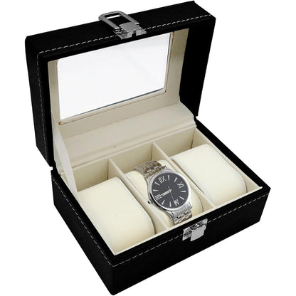 216490 - JJQHYC Kuti ore me 3 vende, kapak qelqi, mbajtëse elegante, organizuese lëkure, rreshtim prej kadifeje, e zezë