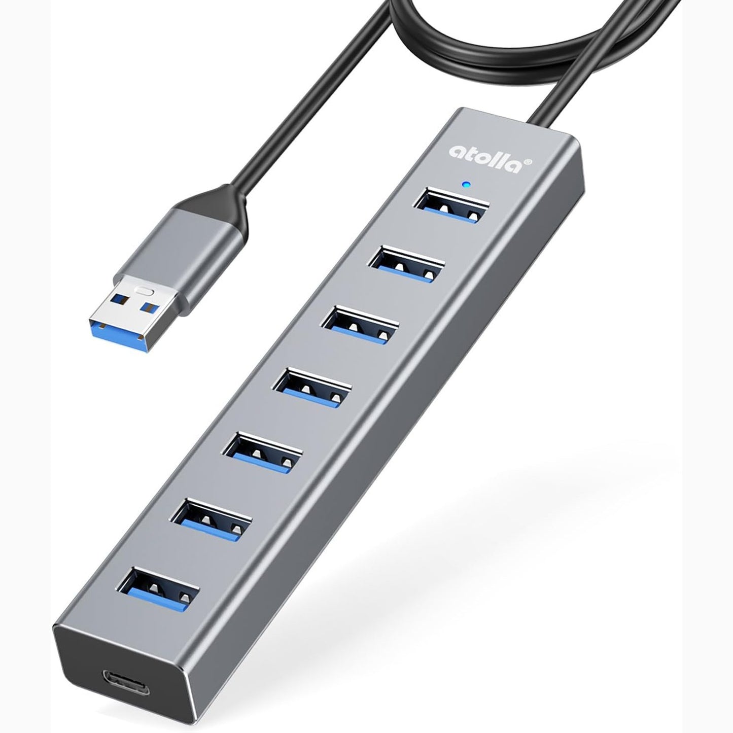 273563 - ATOLLA, Hub USB 3.0 me 7 Porta, Adaptues USB Multiport [Alumini] me Kabllo 100 cm, Të Dhëna USB 3.0 5Gbps, Port 5V/3A Type-C, për PC, Laptop, MacBook, HDD, Maus