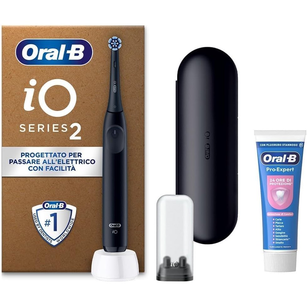 271055 - ORAL-B Furçë dhëmbësh elektrike iO 2, 1 kokë zëvendësuese, e zezë, Rikarikueshme, Kuti udhëtimi + 1 pastë dhëmbësh Pro-Expert