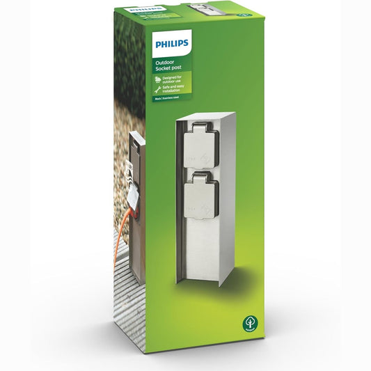 260300 - PHILIPS Prizë e dyfishtë për jashtë, rezistente ndaj motit, 2 spina, çelik inox