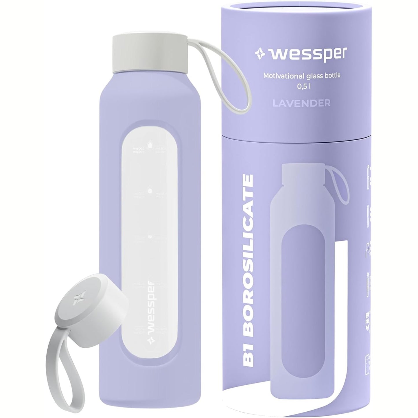 257322 - WESSPER Shishe Uji 500ml, Shishe Motivuese me Shkallë Hidratimi, Qelqi Borosilikati me Mbështjellëse Silikoni, Material pa BPA, Vjollcë