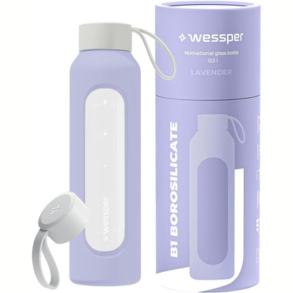 257322 - WESSPER Shishe Uji 500ml, Shishe Motivuese me Shkallë Hidratimi, Qelqi Borosilikati me Mbështjellëse Silikoni, Material pa BPA, Vjollcë