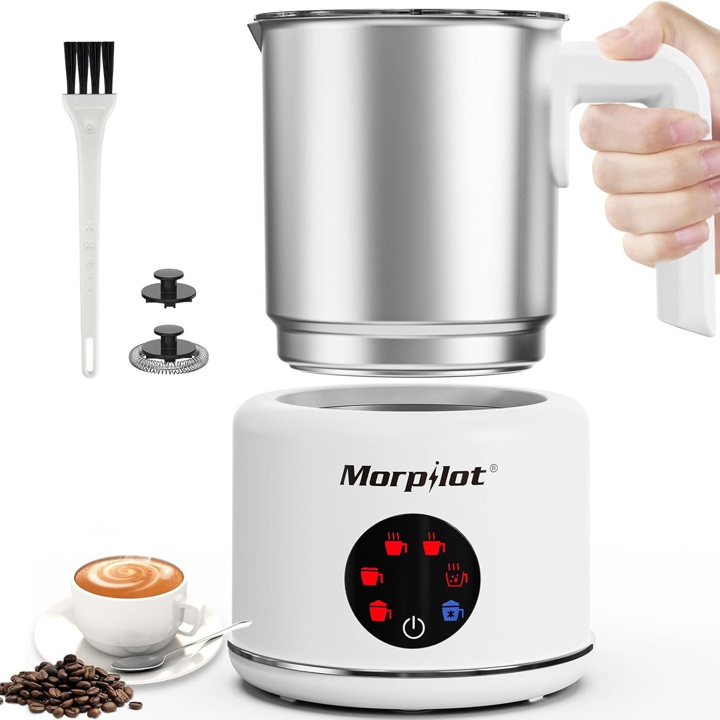 199259 - MORPILOT Shkumëzues Qumështi Elektrik 6-në-1, Kapaciteti 500ml, Fuqia 600W, Për Shkumë të Nxehtë dhe të Ftohtë, Kakao, Qumësht të Nxehtë, i Mundshëm për Lavatriçe, Materiali prej Çeliku Inoks, i Përshtatshëm për Cappuccino, Macchiato, Latte