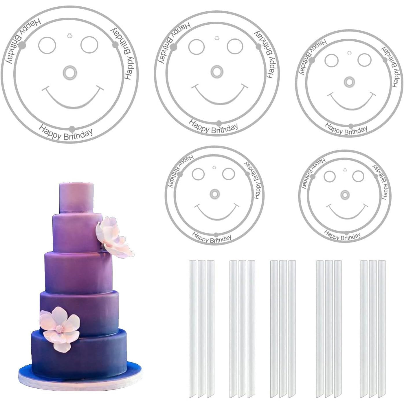253999 - MBËSHTETËSE PËR TORTA JESDAVAN, për torta me shumë shtresa, 5 mbajtëse tortash 9/12/16/20/26 cm me 15 shufra plastike për kunja