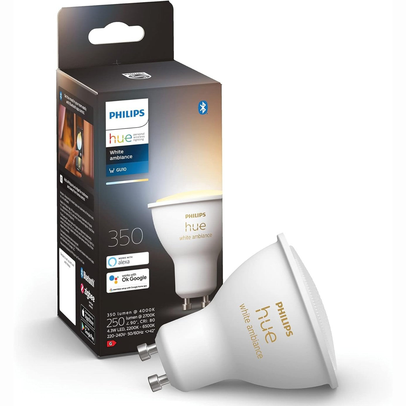250584 - PHILIPS HUE Spotet LED White Ambiance GU10, pako me 1, 350 lm, llambë LED me errësim për sistemin e ndriçimit Hue, kontroll inteligjent i dritës