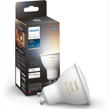 250584 - PHILIPS HUE Spotet LED White Ambiance GU10, pako me 1, 350 lm, llambë LED me errësim për sistemin e ndriçimit Hue, kontroll inteligjent i dritës