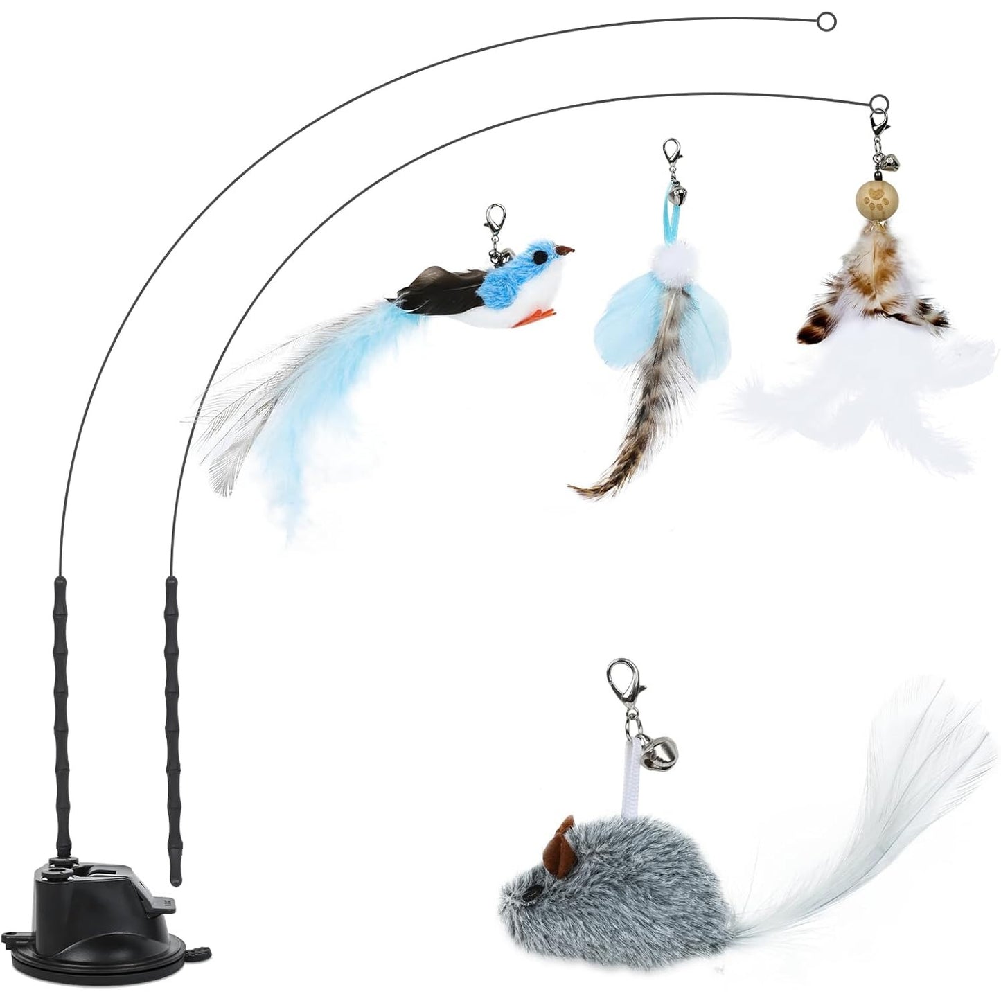 168463 - ROMON - Set i Loderave për Mace, 7 Copë Interactive me Zogj Fluturues dhe Pendë, e Tërheqshme me Gotë Thithëse, Për Ambiente të Mbyllura