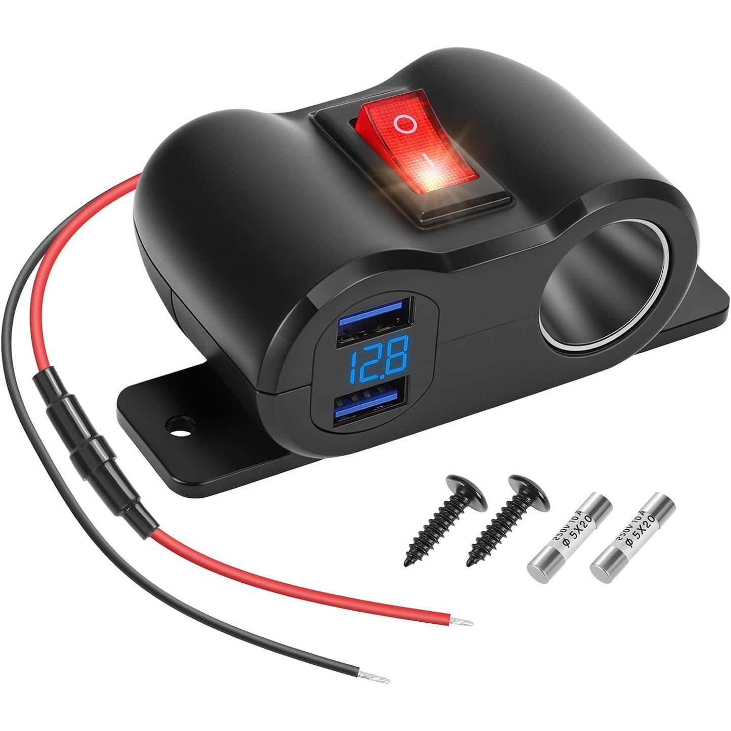 276977 - Thlevel Prizë Karikuesi USB 12V QC3.0, Prizë Ndarëse me Çelës dhe Voltmetër LED për 12V/24V