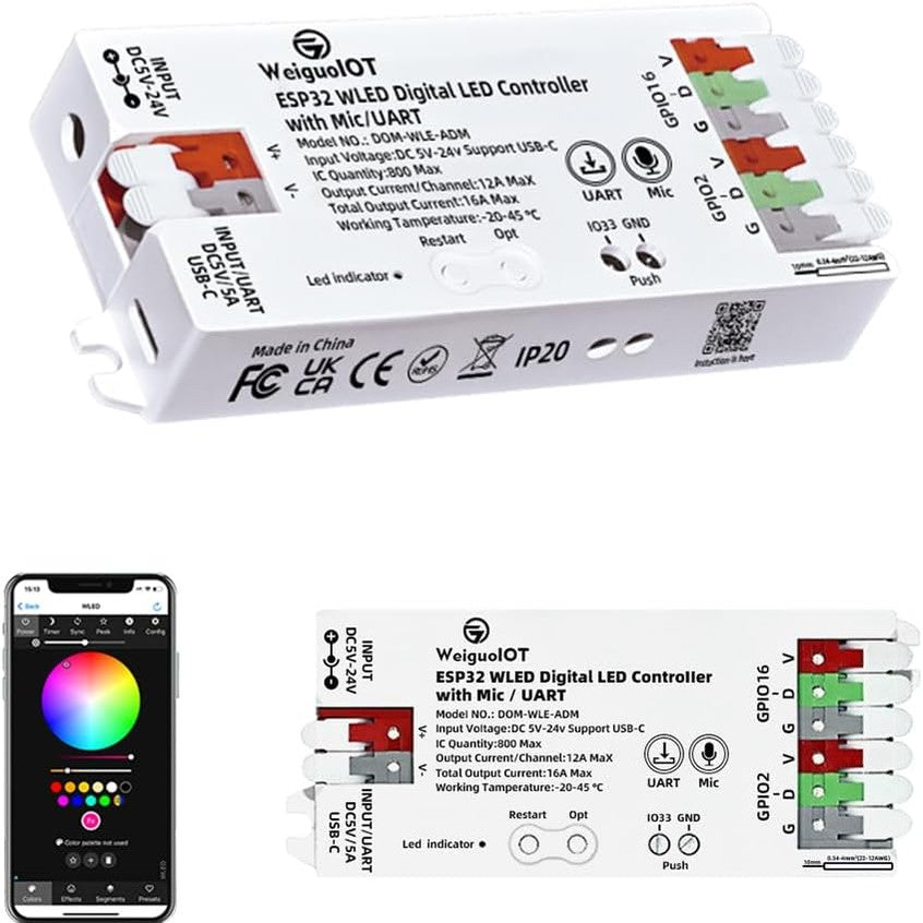 255534 - WEIGUOIOT Kontrollues Shiriti LED Dixhital me Mikrofon, USB-C, 5-24V, Siguresë 16A, Shirit i Adresueshëm RGB RGBW RGBCCT.