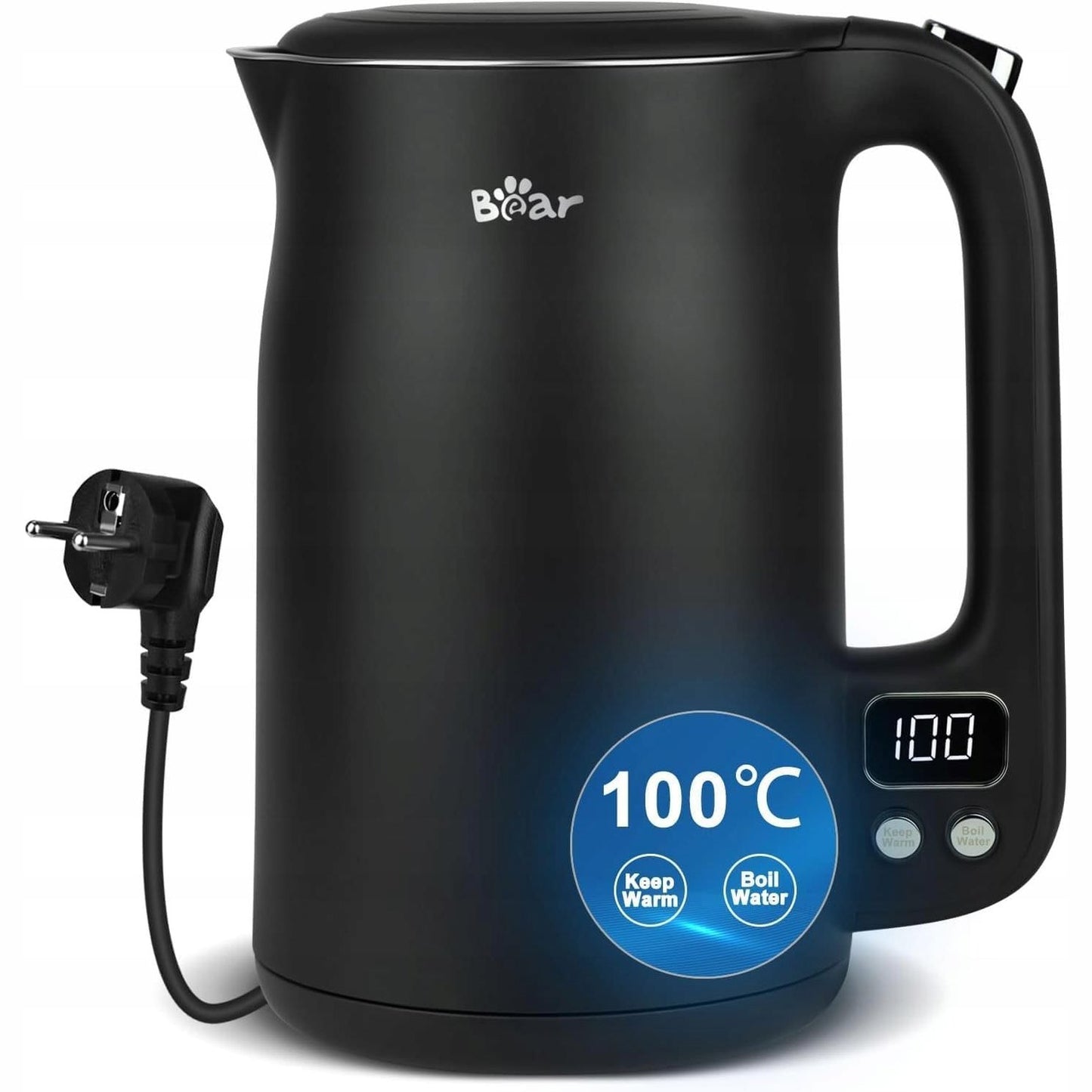 288372 - BEAR Çajnik 1.7L prej çeliku inox 304, 11 temperatura, 1800W, Mbrojtje nga zierja e thatë, Mbrojtje nga djegia e dyfishtë, Pa BPA, Ekran LCD, Kontroll preciz, Vendosje e temperaturës (40°C-100°C)