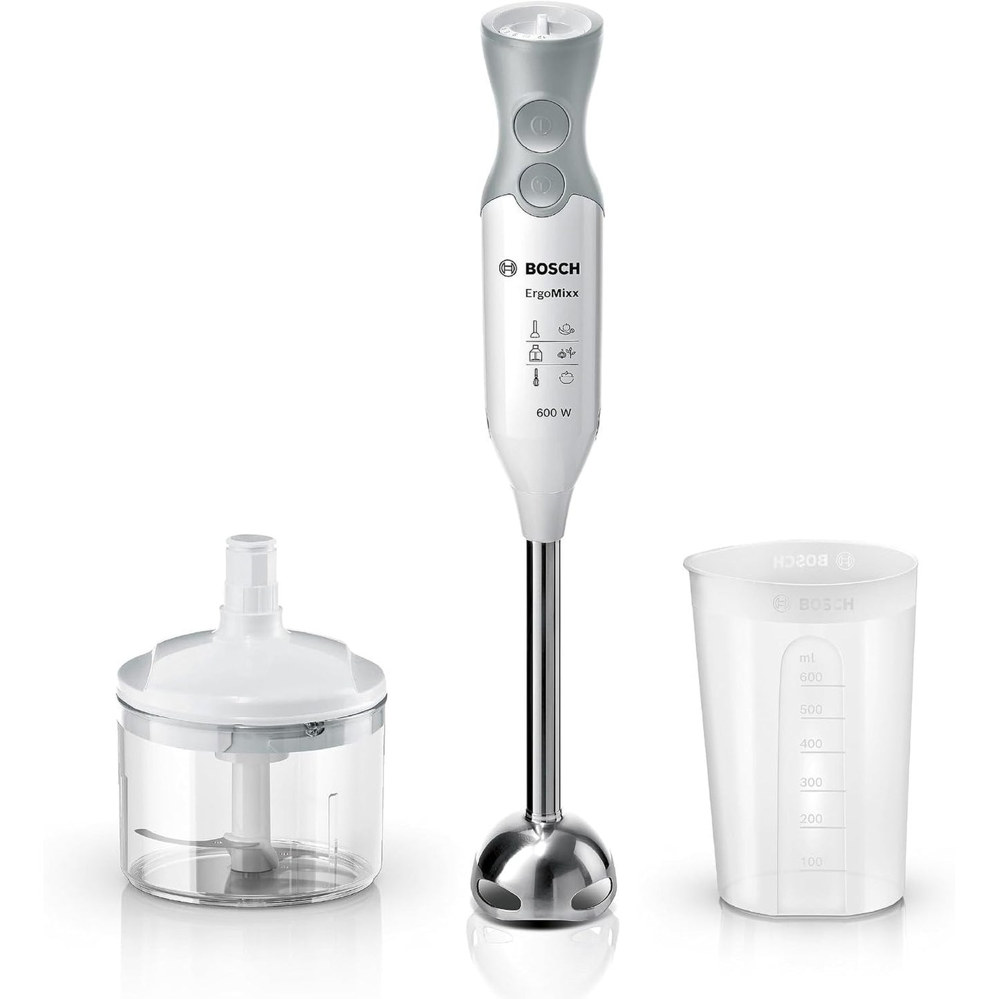 288350 - BOSCH Blender dore ErgoMixx MSM66120, 600 W, këmbë për përzierje prej çeliku inox, gotë përzierjeje dhe matëse, thikë me 4 tehe, 12 shpejtësi plus turbo, e bardhë/gri