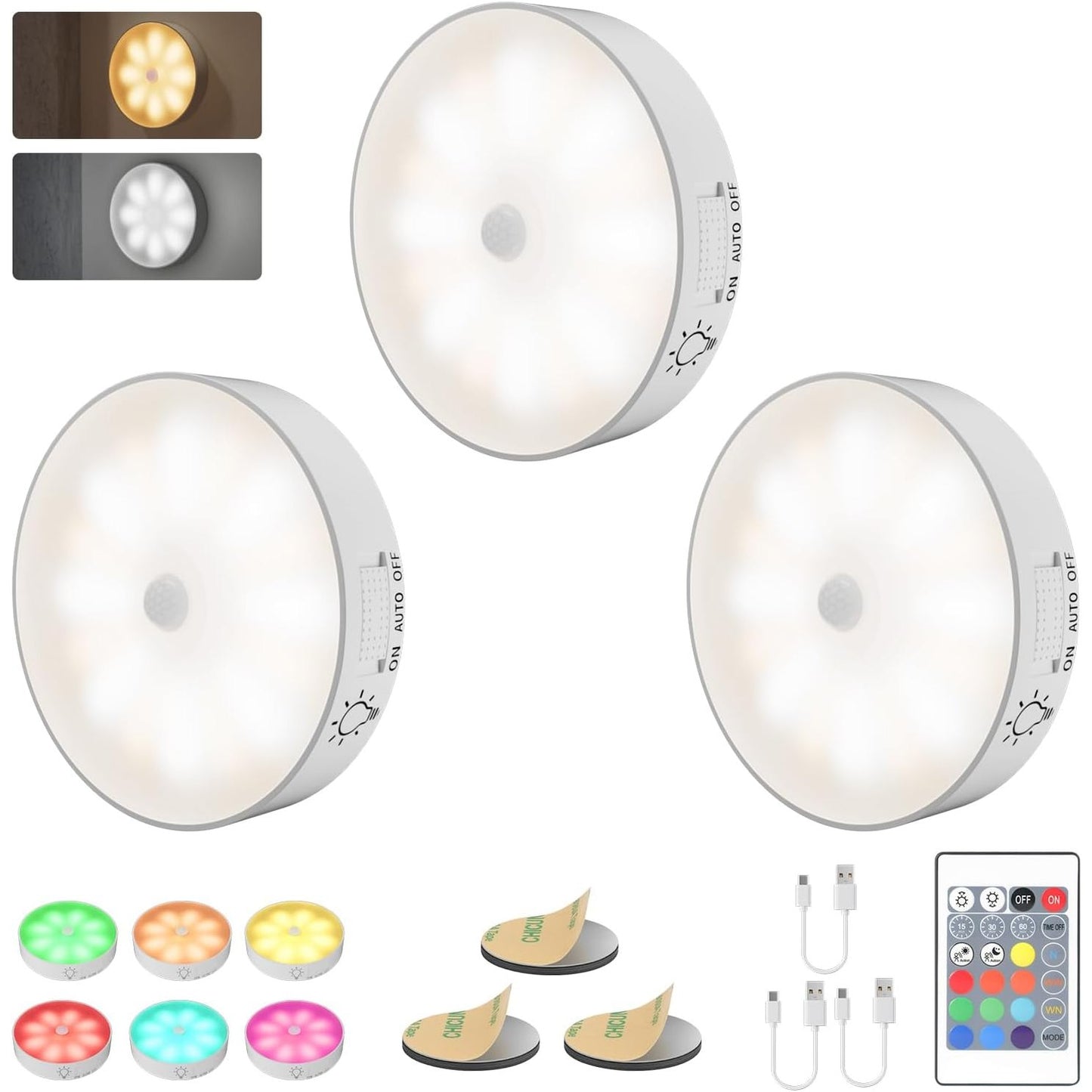 223360 - Drita RGB me sensor lëvizjeje, 16 LED, pa tel, 13 ngjyra, 3 mënyra, ngjitës magnetik, bateri e rikarikueshme 1000 mAh