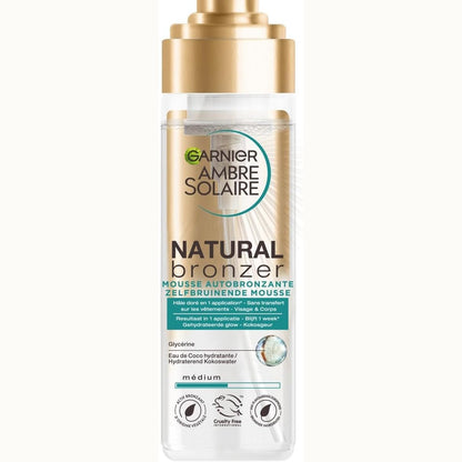 321811 - GARNIER Ambre Solaire Bronzues Natyral, Shkum Vetë-nxirës Hidratues 200 ml, nxirje graduale dhe e personalizueshme, ujë kokosi dhe glicerinë, vegane dhe pa mizori