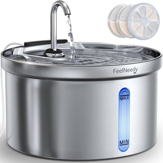 205730 - FEELNEEDY Shatërvan Automatik Uji për Mace, Kapacitet 3.5L, Material Çelik Inoks 304, Dizajn Rubineti, Sistem Multi-Filtrim, Përfshirë 3 Filtra dhe 1 Ngarkues USB 5V 1A, Model i Heshtur për Kafshë Shtëpiake