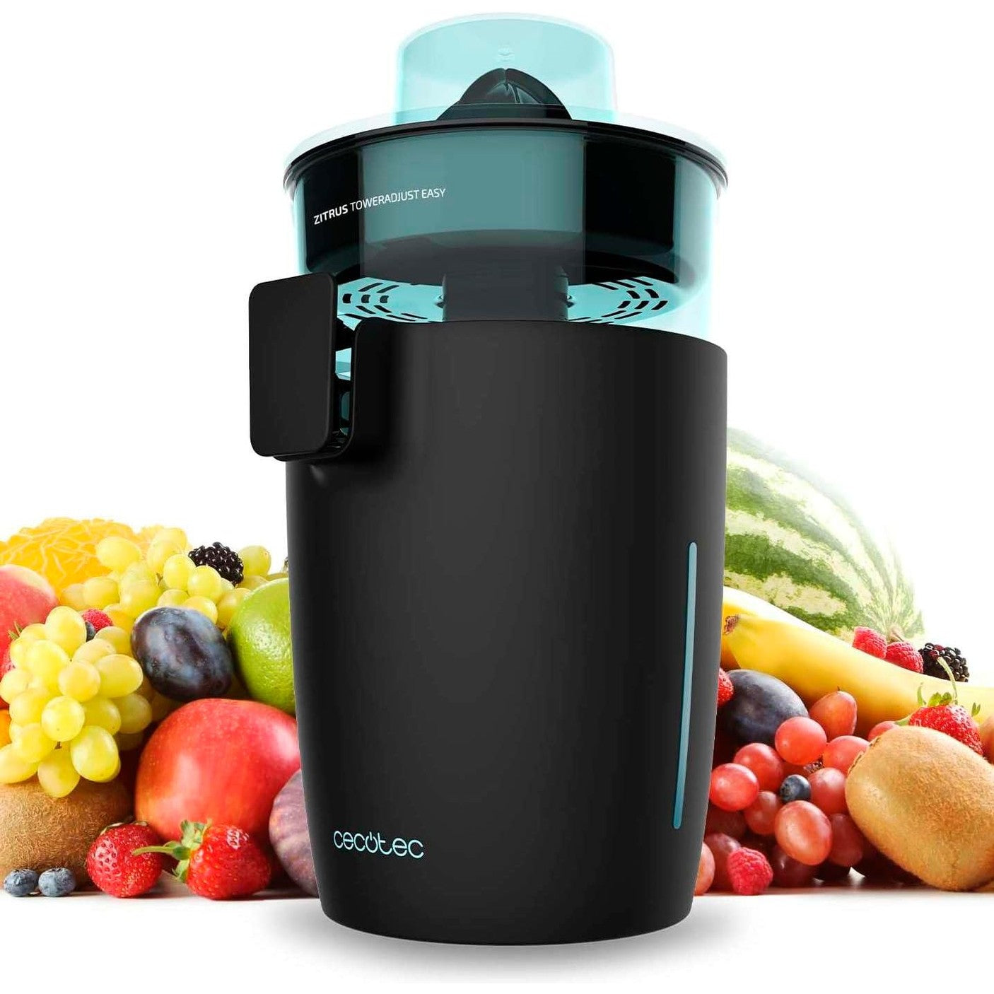 162410 - CECOTEC Shtrydhëse Elektrike me Kullë Zitrus TowerAdjust Easy Black 800 Inox, 800W, Filtër i Rregullueshëm Pulpe, Filtër Çeliku Inox, Kone të Lëvizshme, Ndezje Automatike, Pa BPA, Pa Pikime