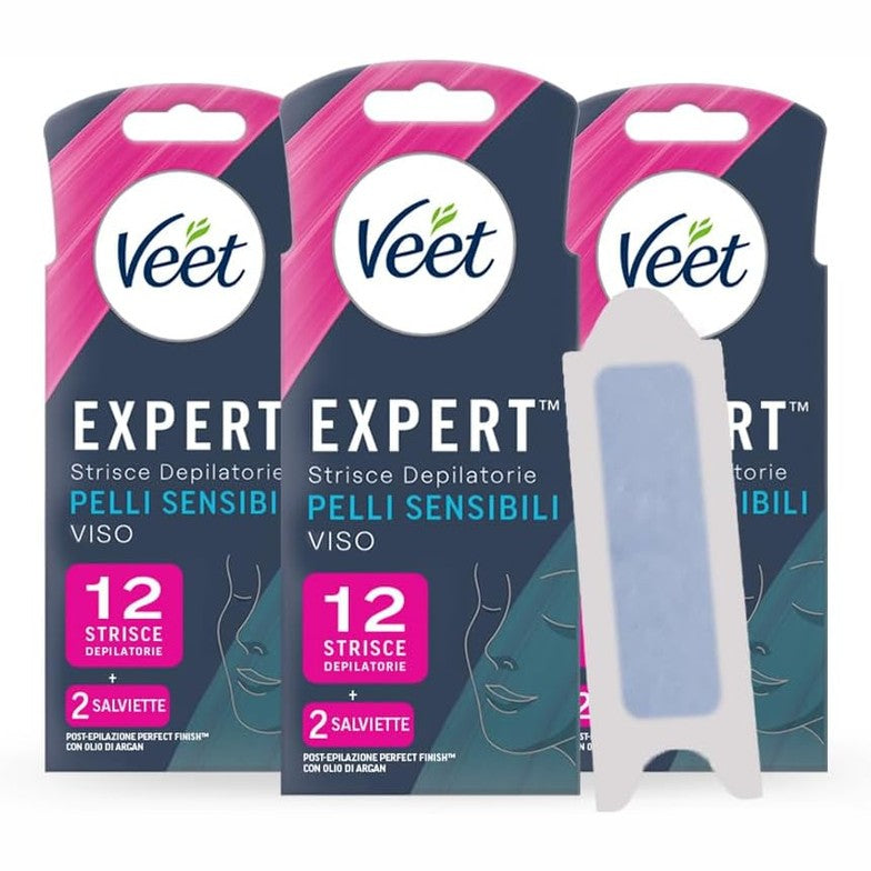 336761 - VEET Expert Shirita depilimi për fytyrën, 36 shirita, depilim për lëkurë të ndjeshme me vaj bajamesh, 6 peceta pas depilimit me vaj argani