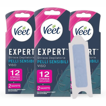336761 - VEET Expert Shirita depilimi për fytyrën, 36 shirita, depilim për lëkurë të ndjeshme me vaj bajamesh, 6 peceta pas depilimit me vaj argani
