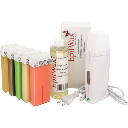 298274 - EPILWAX Set depilimi i plotë, Ngrohës dylli profesional, 5 dyllë roll-on 100 ml, 100 shirita depilimi, 1 shishe vaj pas depilimit 250 ml