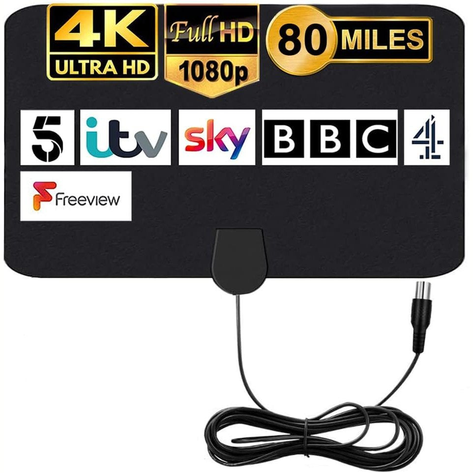 267028 - MILIWAN Antenë TV e Brendshme me 2 Amplifikatorë, Dixhitale HDTV, Distancë Marrjeje 500 km, Mbështetje 4K, Kabllo Bakri 10 m