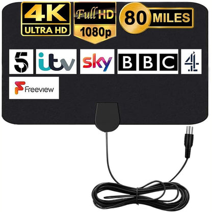267028 - MILIWAN Antenë TV e Brendshme me 2 Amplifikatorë, Dixhitale HDTV, Distancë Marrjeje 500 km, Mbështetje 4K, Kabllo Bakri 10 m
