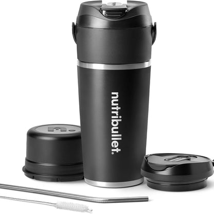 94315 - NUTRIBULLET Flip NBP016B, Blender Portativ me Gotë të Izoluar nga Çeliku Inoks 590ml, Funksion i Blenderit të Akullit, Ruajtje e Ftohtë për 24 Orë, Kapak dhe Pipëz e Përfshirë, Karikim me USB-C, Ngjyra e Zi