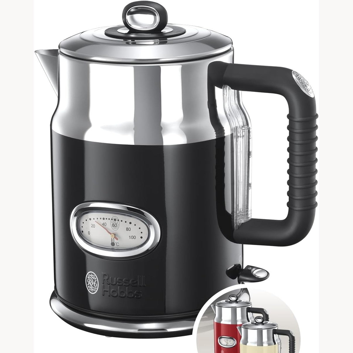 162491 - RUSSELL HOBBS Çajnik Elektrik, Kapacitet 1.7L, Fuqi 2400W, me Filtër Anti-Gëlqeror të Lëvizshëm, Zonë Zierjeje të Shpejtë, Kontrollues Strix, Material Çeliku Inox, i Zi, Modeli Retro Classic Noir 21671-70