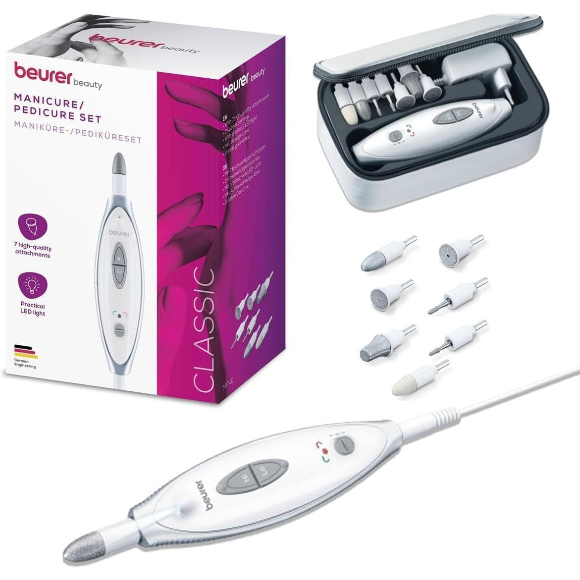289800 - BEURER Set Manikyr/Pedikyr MP 41, Limë Elektrike Thonjsh me 7 Shtojca, Dritë LED, me Qese Ruajtjeje