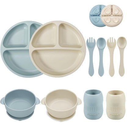 215924 - PANDAEAR Set Ushqimi për Bebe prej Silikoni, Vegël Vetëushqyese (Blu e Bardhë)