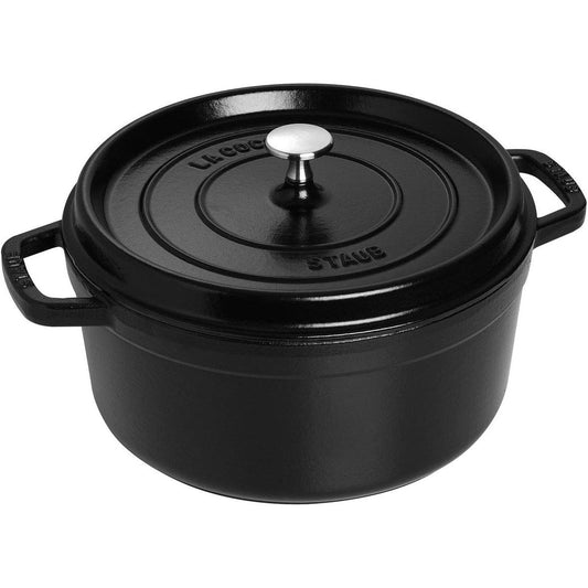 199029 - STAUB Tigan për pjekje prej gize të emaluar me kapak, e përshtatshme për të gjitha sobat (përfshirë induksion), Kapaciteti 3.80 L, Rreth 24 cm, Peshë 5 kg, E Zezë Mat, Për 4 Persona