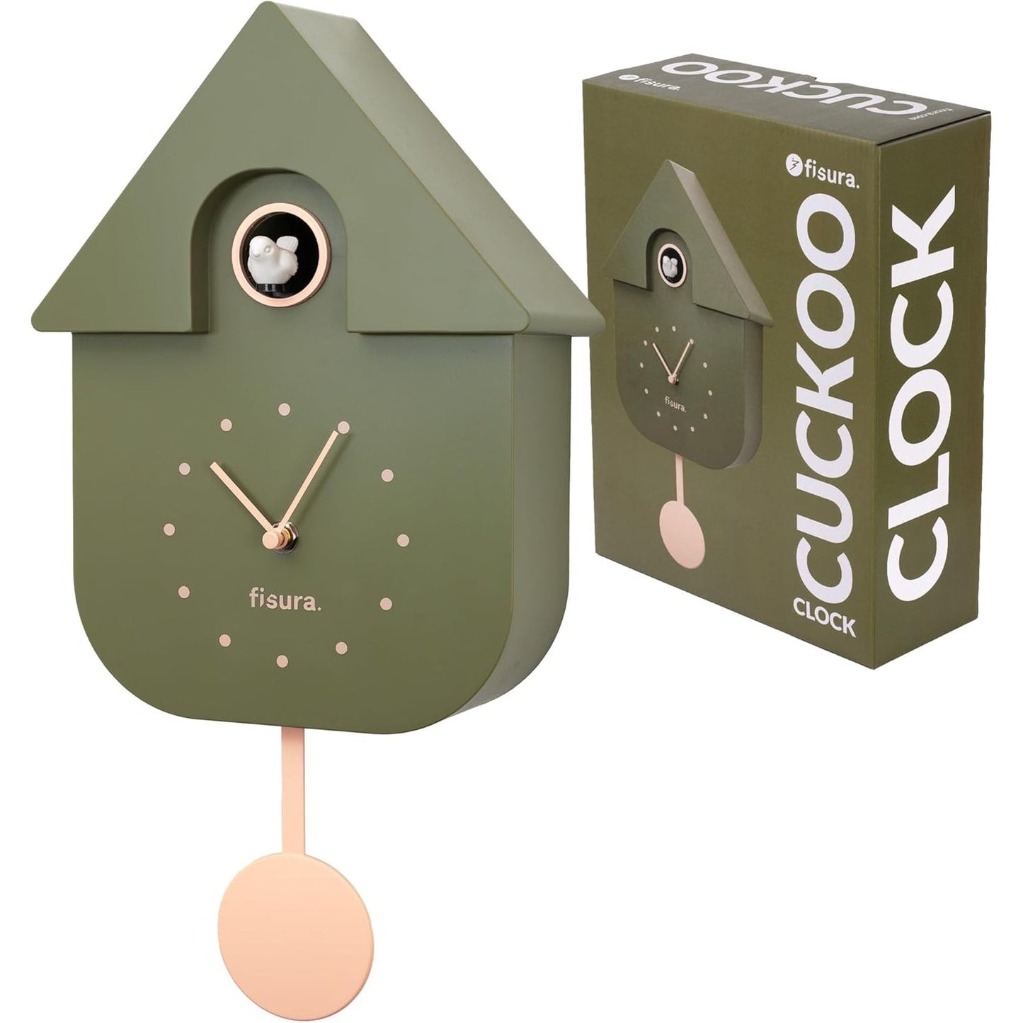 208197 - FISURA - Orë Muri në Formë Qyqeje, Materiali ABS, Ngjyra e Ullirit me Ekran Bezh, Përmasa 21.5x8x41.5 cm, kërkon 3 Bateri AA (E papërfshirë)