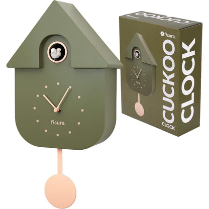 208197 - FISURA - Orë Muri në Formë Qyqeje, Materiali ABS, Ngjyra e Ullirit me Ekran Bezh, Përmasa 21.5x8x41.5 cm, kërkon 3 Bateri AA (E papërfshirë)