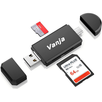 320633 - LEXUES KARTASH SD Vanja, Përshtatës Karte Micro SD 3-në-1 për SD, SDHC, SDXC, MicroSD, i pajtueshëm me iPhone 16/15, MacBook Pro/Air, iPad Pro, Telefona të Mençur (USB Lloji A dhe Lloji C, Mikro-USB)
