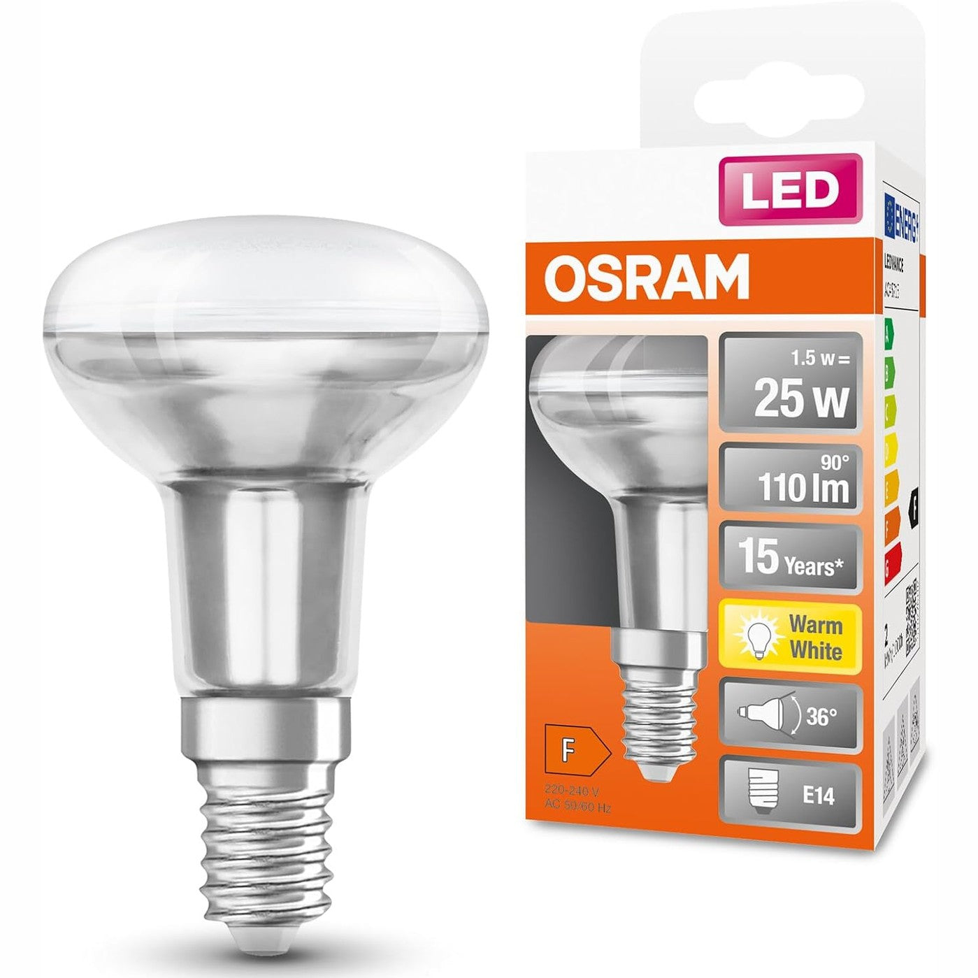 225158 - LLAMBË LED OSRAM LED STAR R50 PËR PRIZË E14, LLAMBË REFLEKTUESE, DIZAJN QELQI, 110 LUMEN, E BARDHË E NGROHTË (2700K), ZËVENDËSIM PËR LLAMBAT INKANDESHENTE KONVENCIONALE 25W, PAKO ME 1