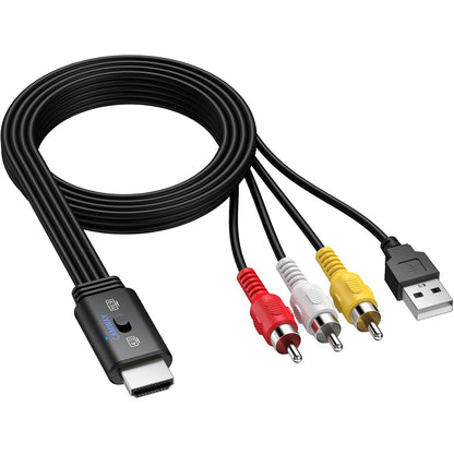 320231 - CAMWAY Përshtatës RCA në HDMI, Konvertues Video Audio 1080P CVBS RCA me Kabllo RCA Mashkull 150cm, Dizajn Kablloje Gjithçka-në-Një, Mbështet PAL/NTSC për HDTV/DVD/VHS/VCR