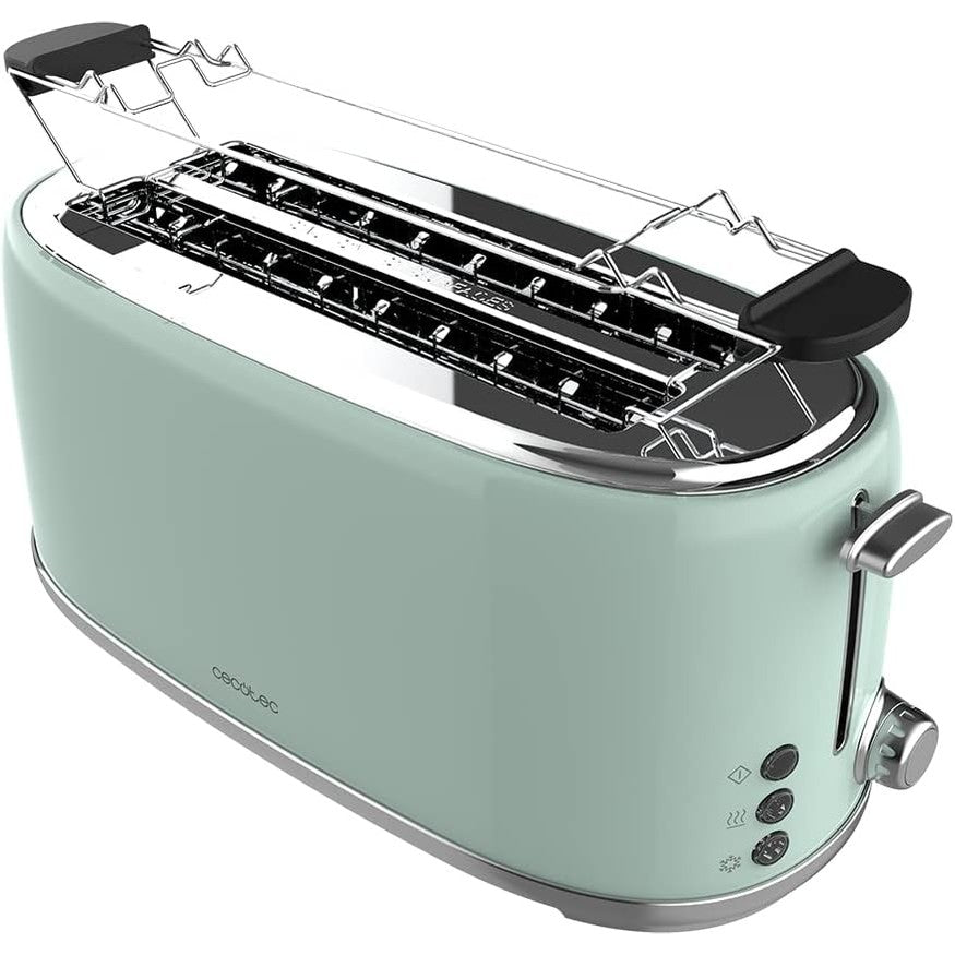277399 - CECOTEC Toaster me 4 feta Toast&Taste 1600 Retro Double Green, 1630 W, 2 vende të gjera dhe të gjata prej 3.8 cm, çelik inox, rafte të sipërm, fuqi e rregullueshme, tabaka për thërrime