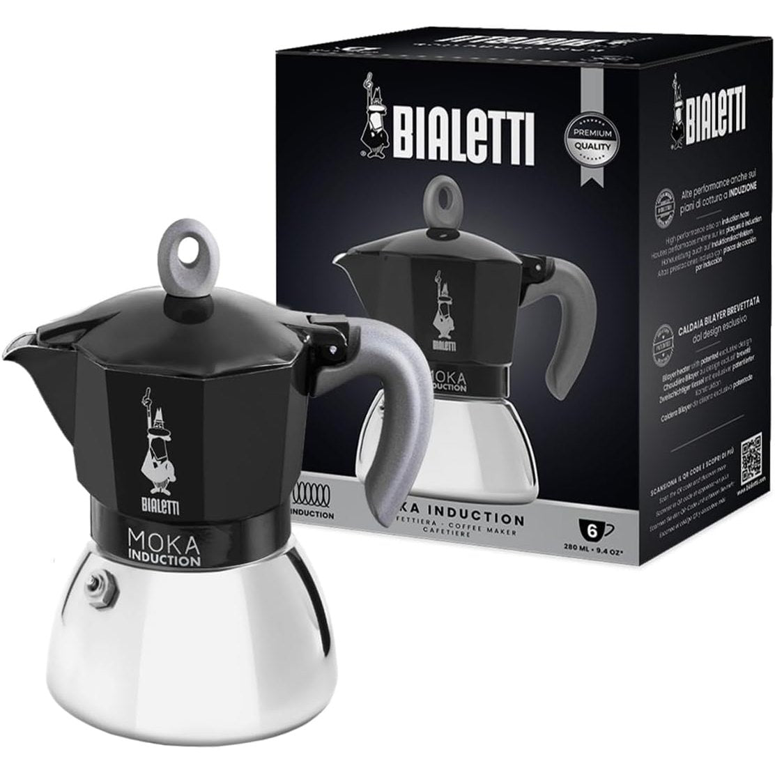 213417 - BIALETTI Tenxhere Moka me Induksion, 6 Filxhanë kafeje Espresso (280 ml), e zezë