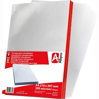 274185 - ALBYCO Fletë mbuluese transparente, mbulesa PVC, film PVC transparent, format DIN A4, 210 x 297 mm, 0.30 mm/300 mikronë, me shkëlqim, për 100 copë