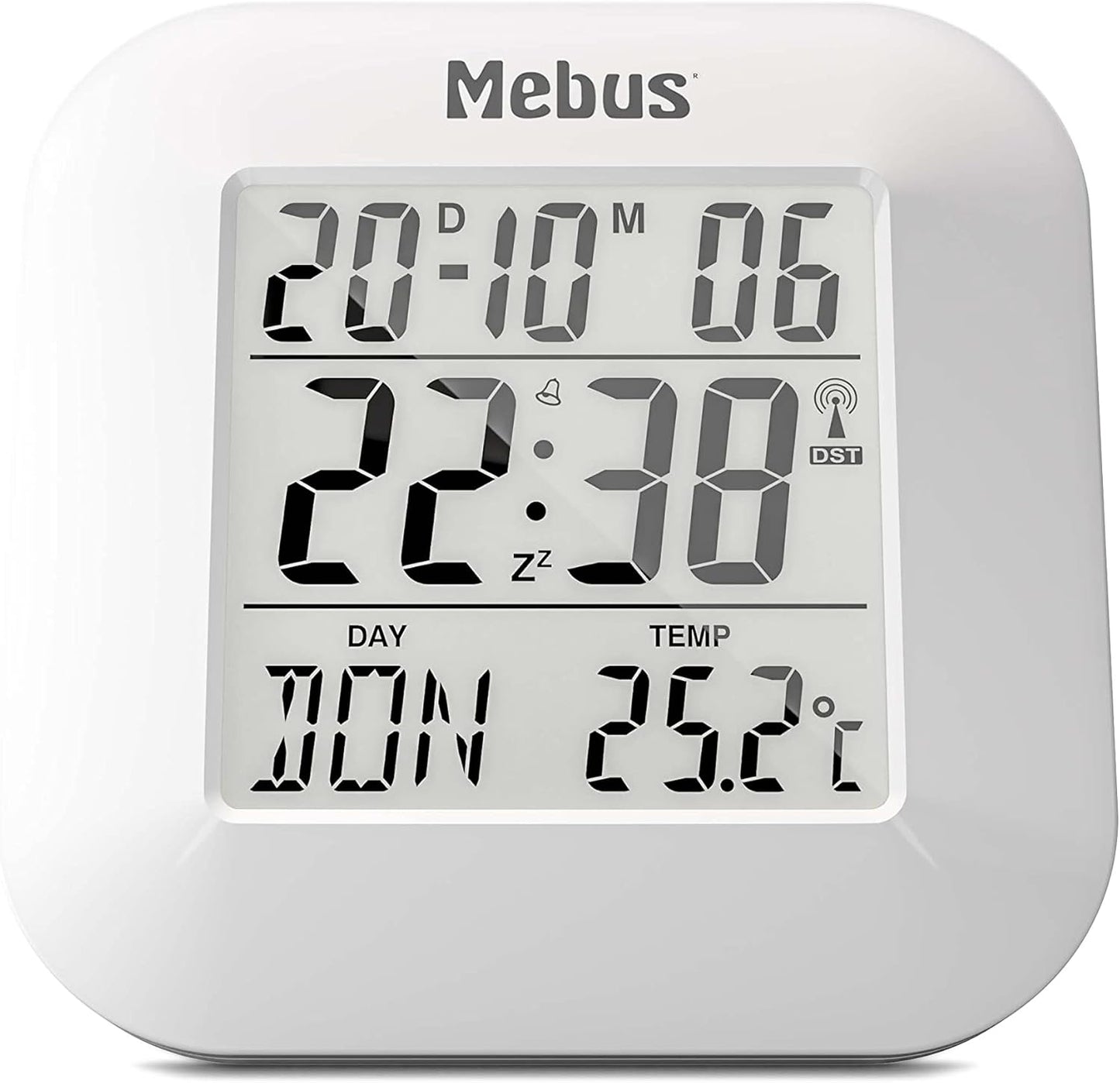 257827 - MEBUS ORË ALARMI DIXHITALE ME RADIO, TERMOMETËR, EKRAN DATE, FUNKSION SHTYRJE, PLASTIK, E BARDHË, MODEL 51511